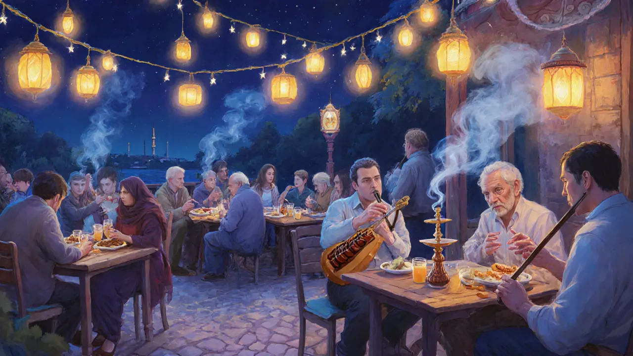 Live music at Çiya Sofrası in Kadıköy, with guests enjoying kebabs and raki under fairy lights.