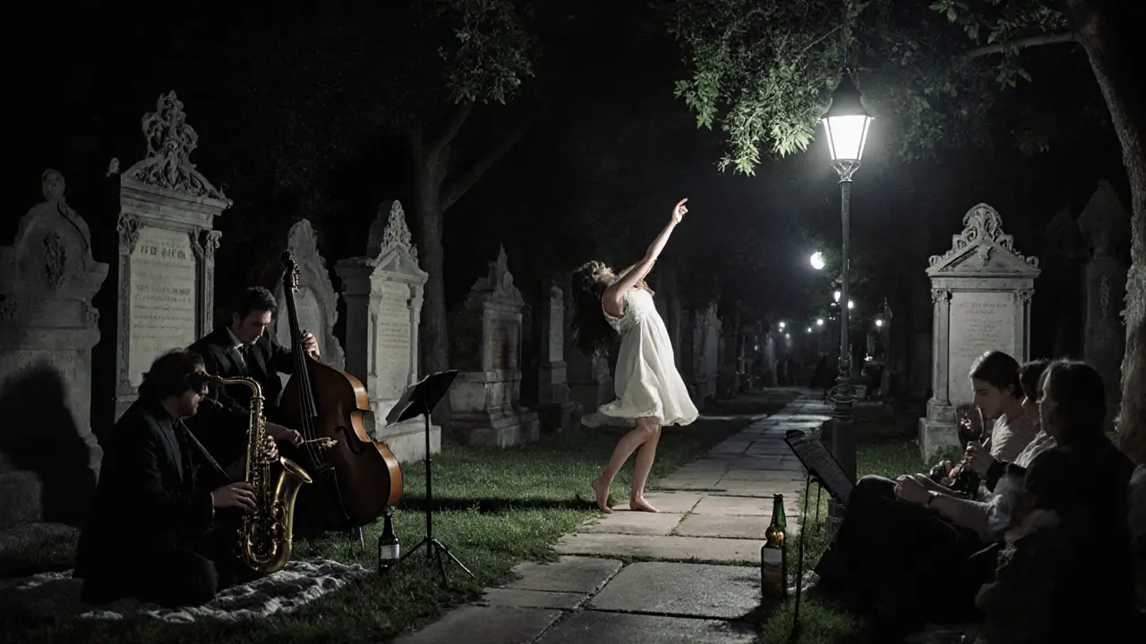 Midnight jazz musicians playing beside gravestones in Père Lachaise Cemetery under moonlight.