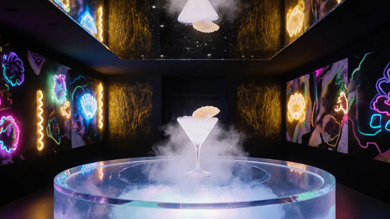 Neon-lit cocktail bar with glowing resin counter and dry ice fog in a vaulted room