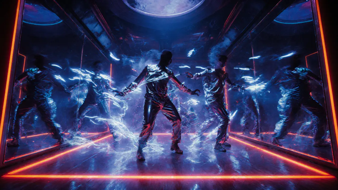 Neon-lit nightclub with pulsing lights and silhouetted dancers, futuristic decor and mirrored walls creating dynamic reflections.