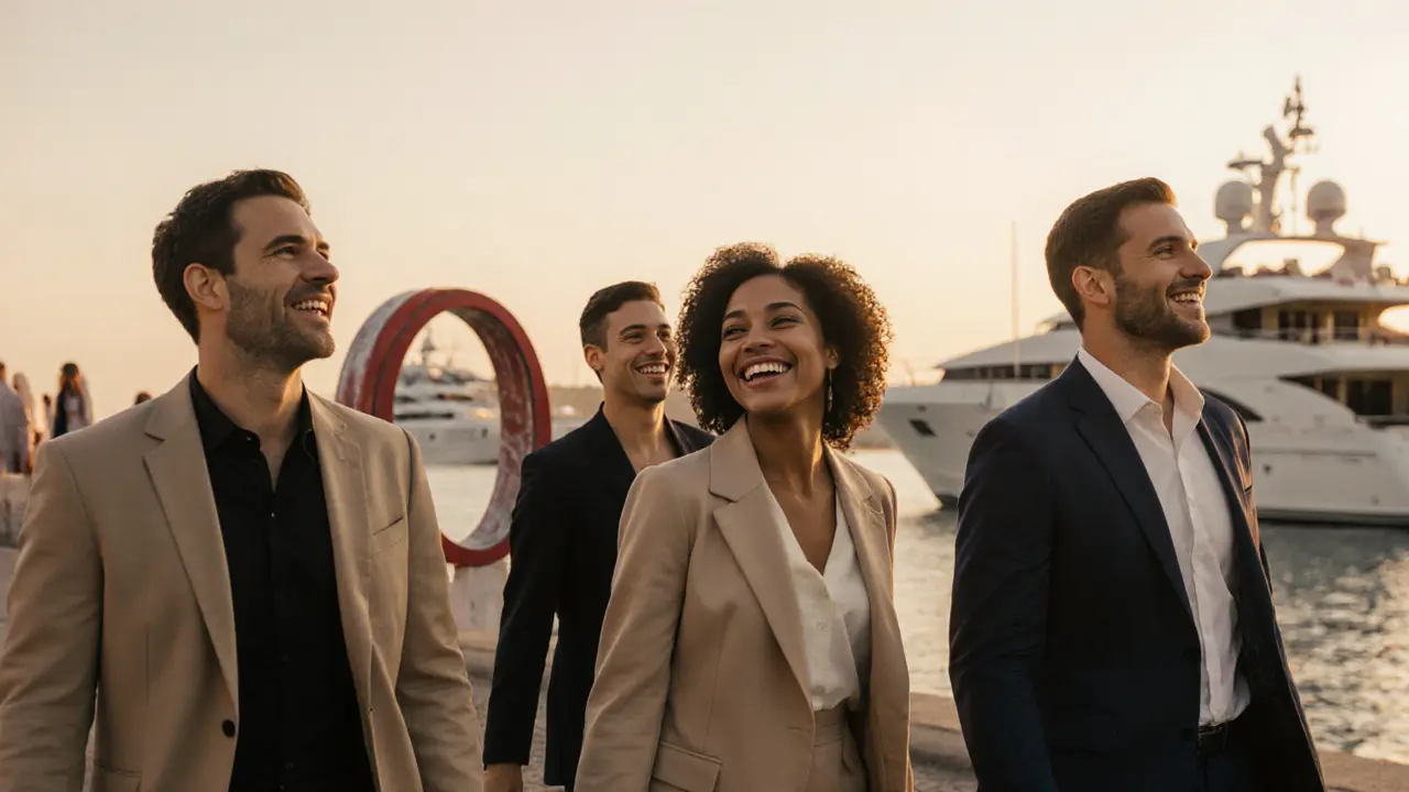 People walking along the Corniche at sunset with professional companions, sharing calm, non-romantic companionship.