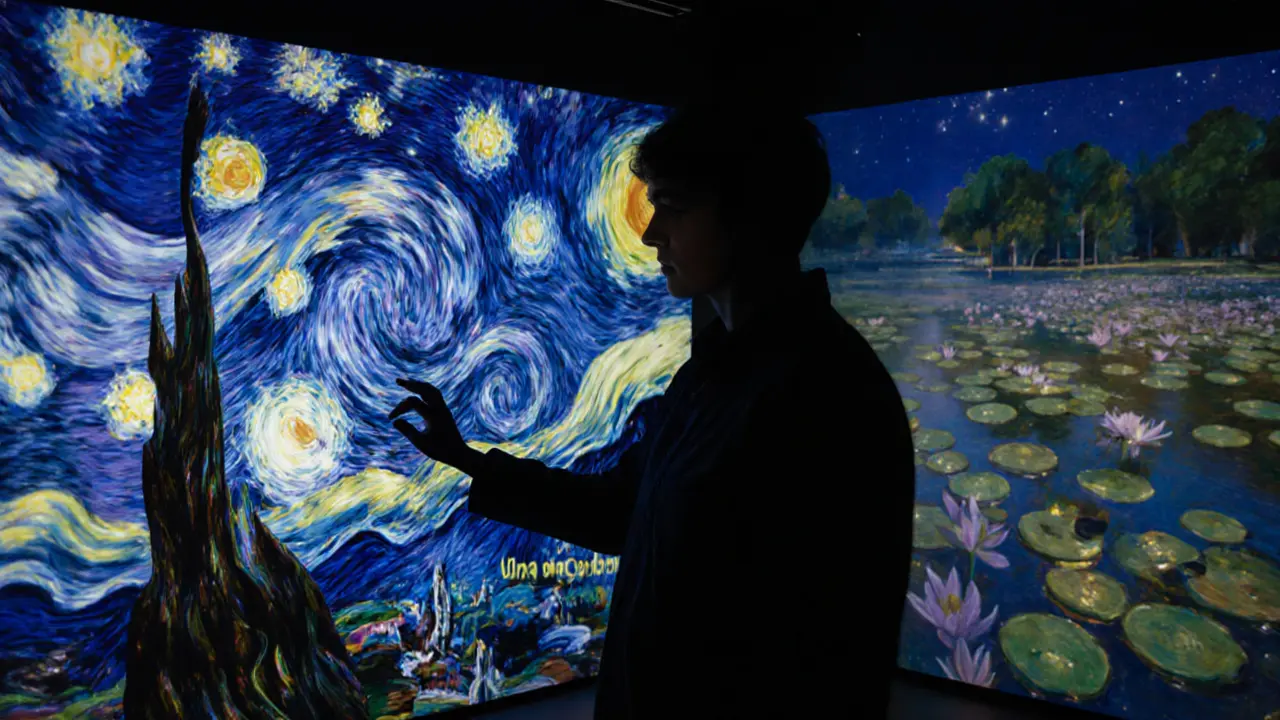 Person merged with digital projections of Van Gogh and Monet art in a darkened gallery.