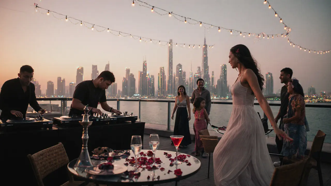 Rooftop at dawn in Dubai, with empty tables, a DJ packing up, and families walking away as the city wakes up.