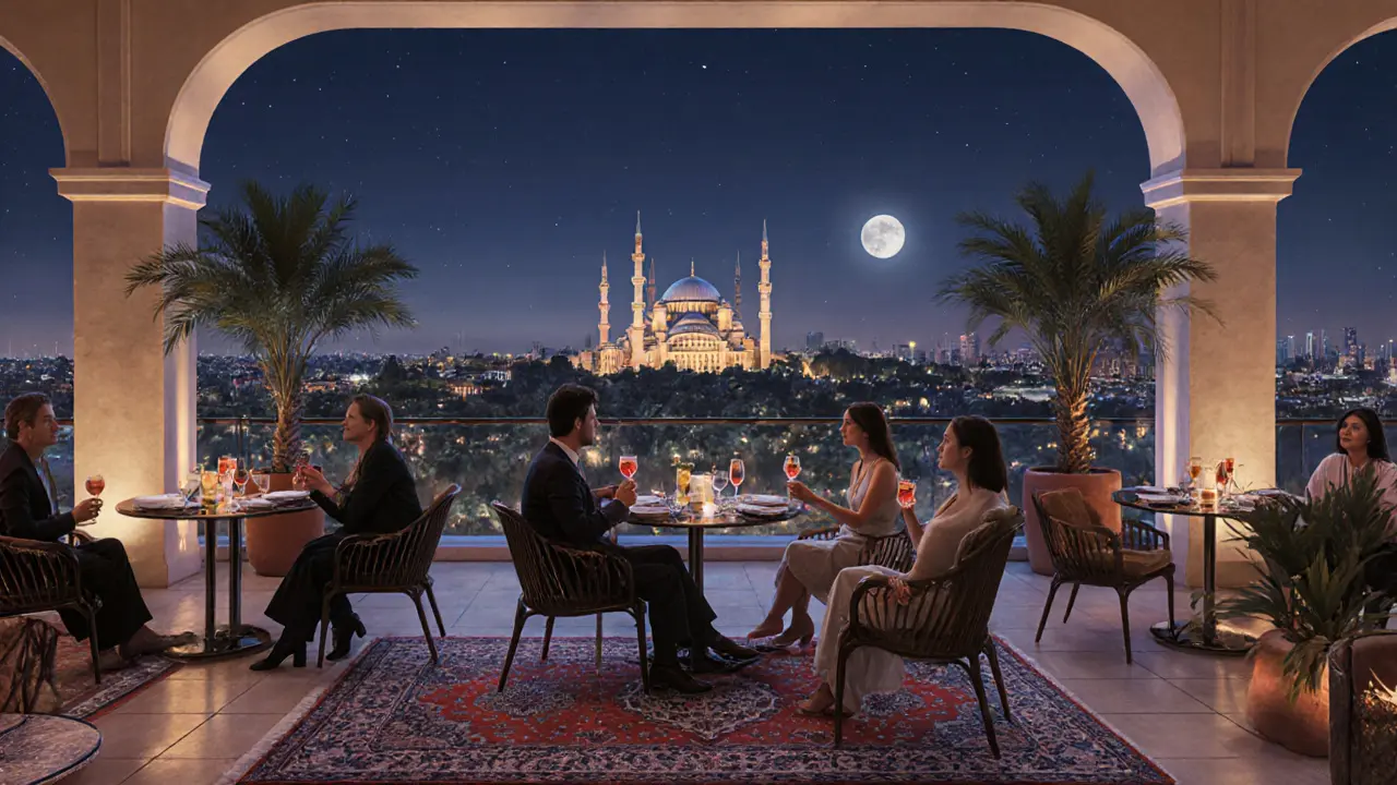 Serene rooftop lounge with Persian rugs and low lighting, offering a view of the illuminated Sheikh Zayed Grand Mosque in the distance.