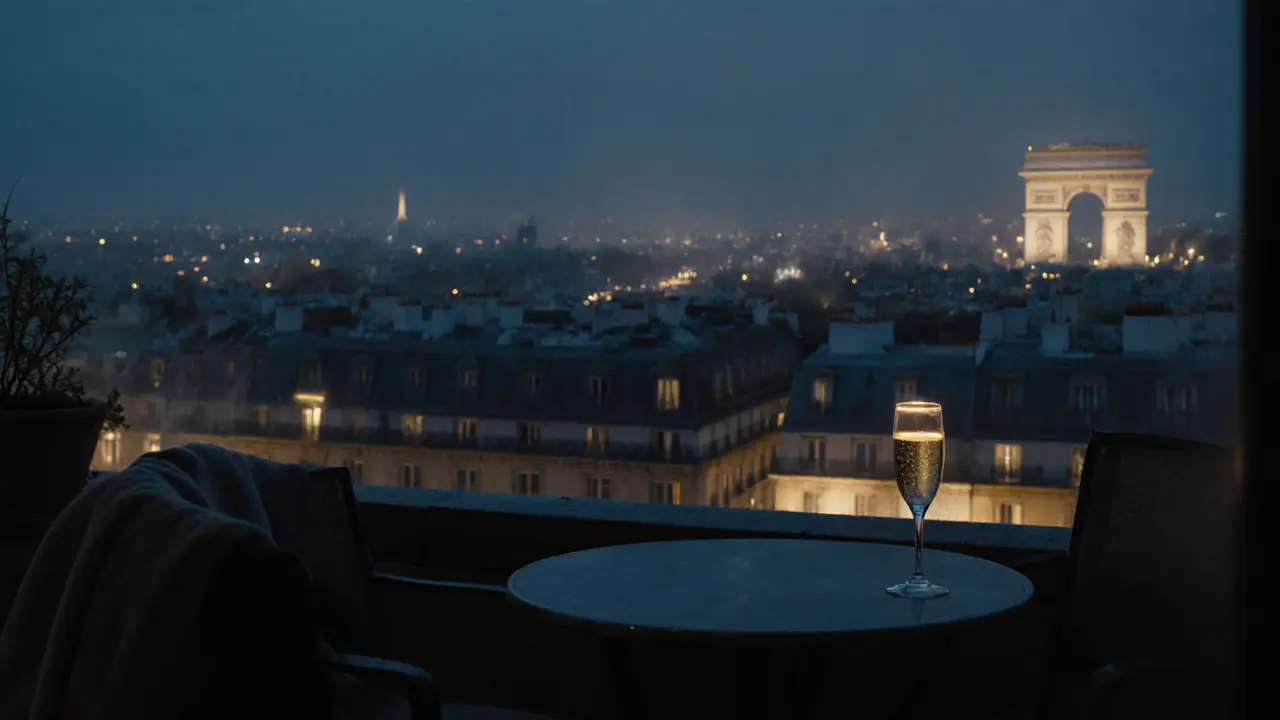 Serene rooftop terrace overlooking Paris at night, a single glass of champagne reflecting city lights in the distance.