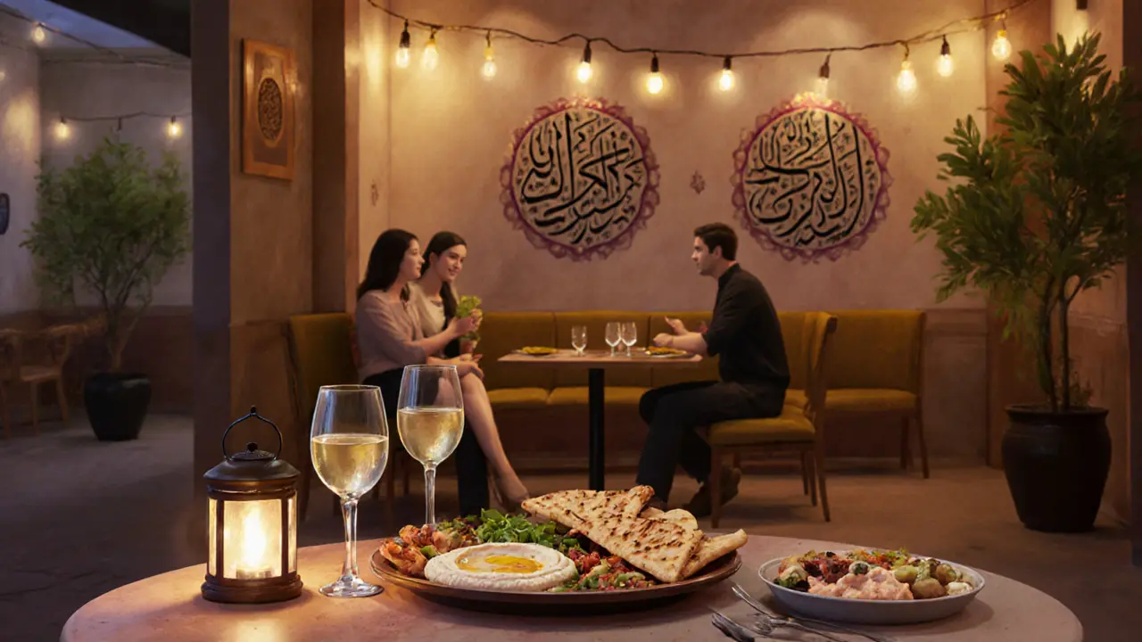 Shared Lebanese mezze platter with wine glasses in a cozy lounge lit by warm lanterns.