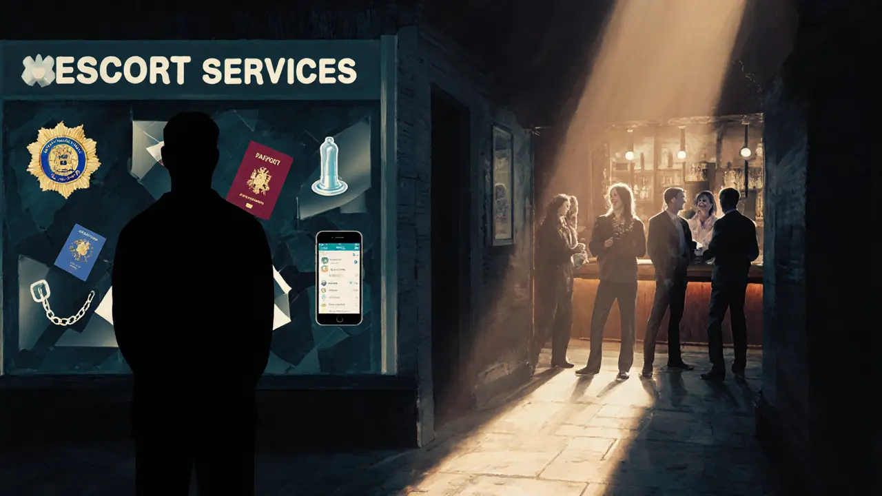 Silhouette behind a wall of symbols representing safe escort practices and human connection.