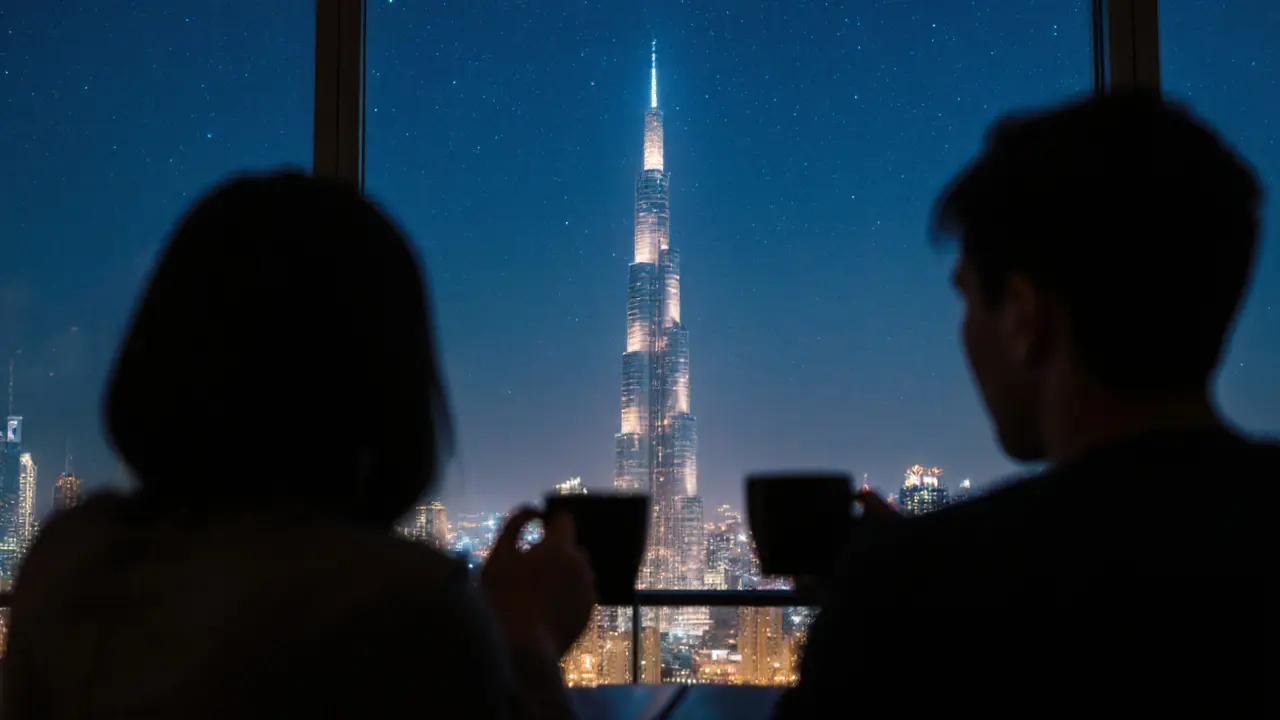 Silhouetted figures enjoying coffee at The Observatory rooftop with Burj Khalifa glowing in distance.