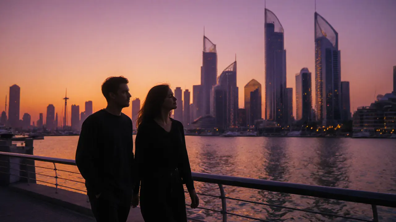 Silhouetted figures walking along Dubai Marina at sunset, sharing peaceful silence.