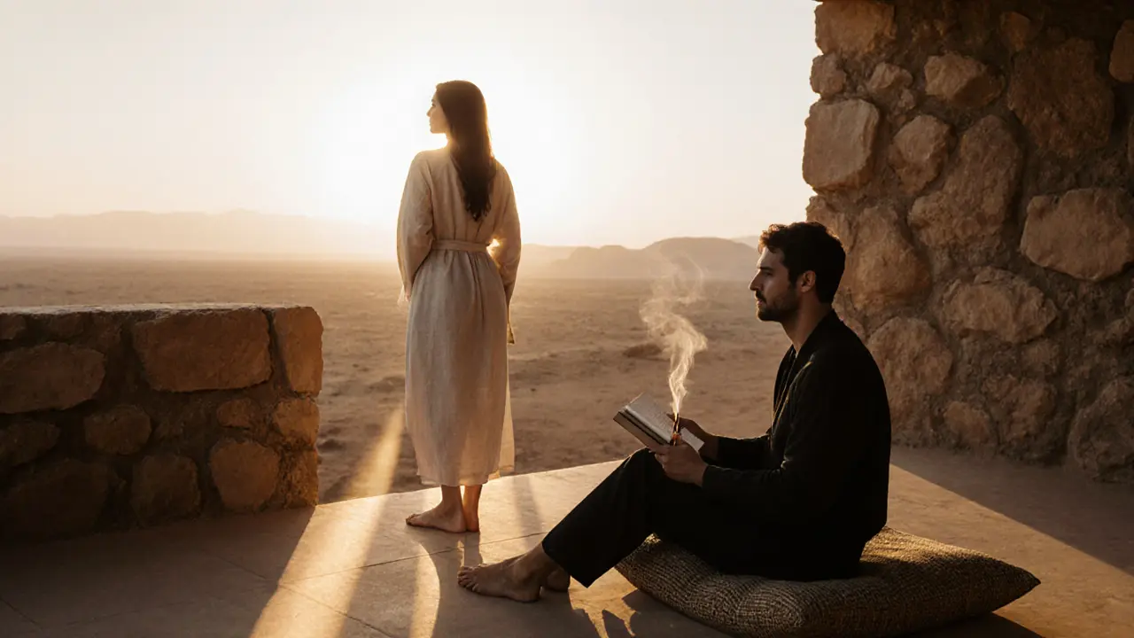 Silhouettes of two people at dawn in a desert villa, surrounded by stillness and golden morning light.