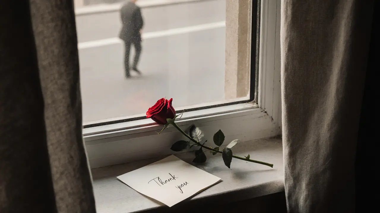 Single rose and handwritten note by a window, morning light, symbolizing quiet appreciation.