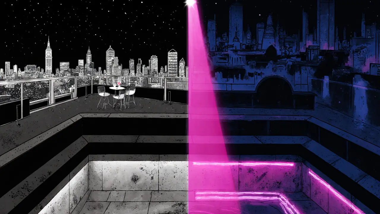 Split view of London nightlife: serene rooftop terrace above, gritty underground club below, connected by pulsing light.