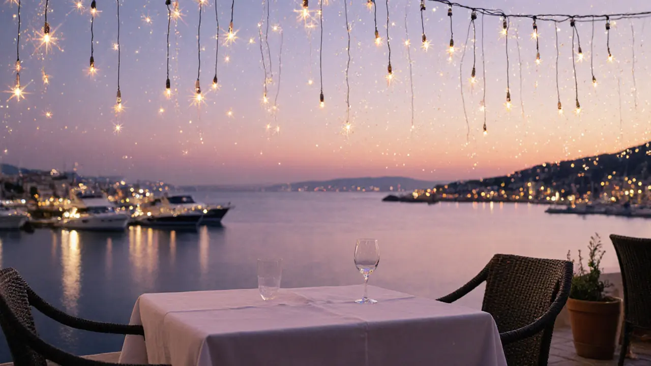 Sunset terrace overlooking Monaco harbor with string lights and glowing yachts