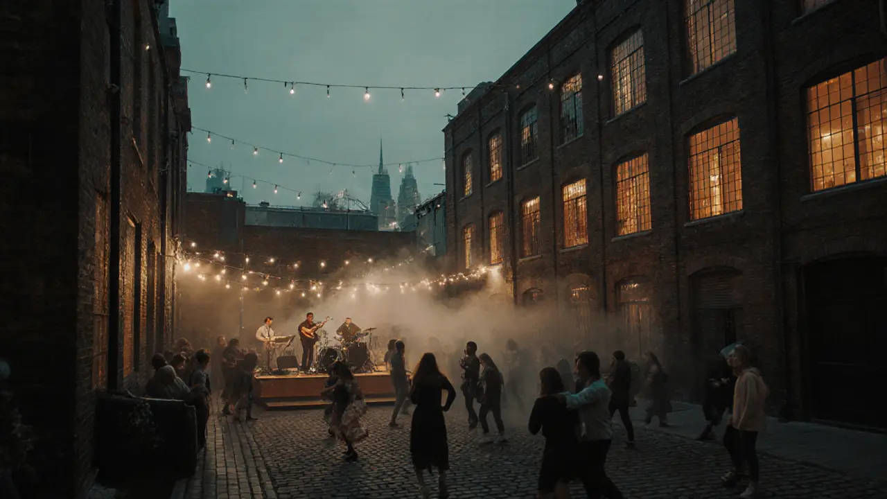 The Bussey Building in Peckham at night, dancers in courtyard under string lights, jazz band performing on stage.