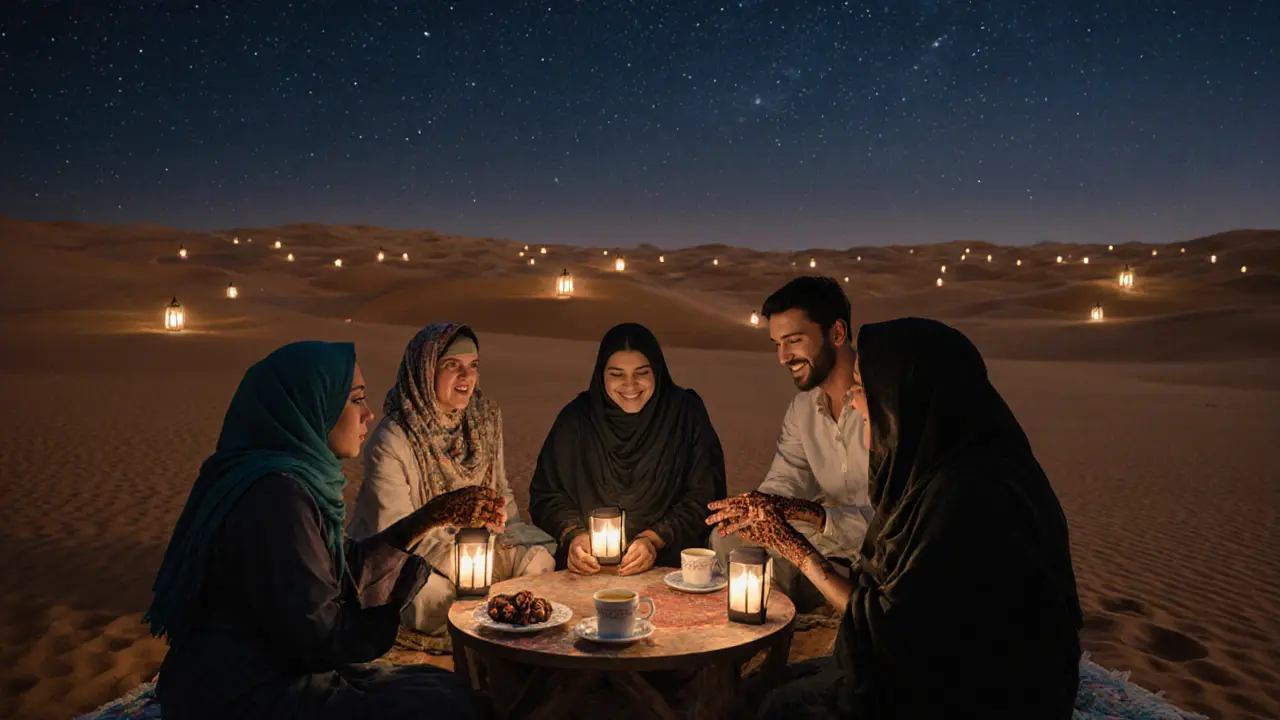 Travelers sharing a quiet moment around a desert campfire under a starry night sky.