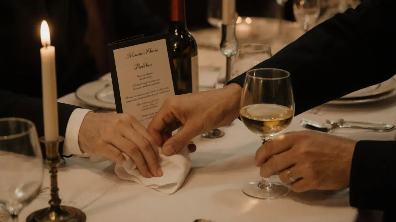 Two hands meeting gently at a candlelit restaurant table in Soho, no faces visible.