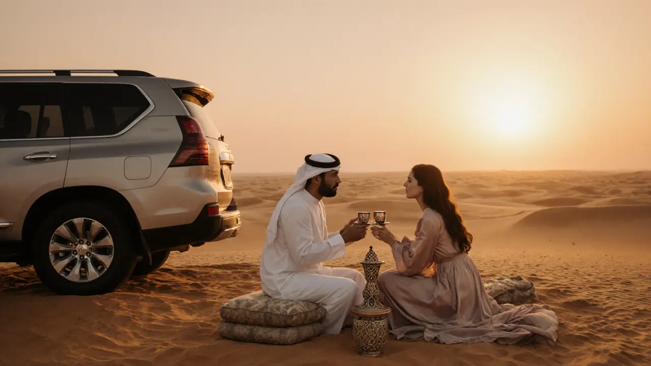 Two individuals share a quiet moment during a private desert sunset tour in Abu Dhabi, sipping coffee as the sun sets.
