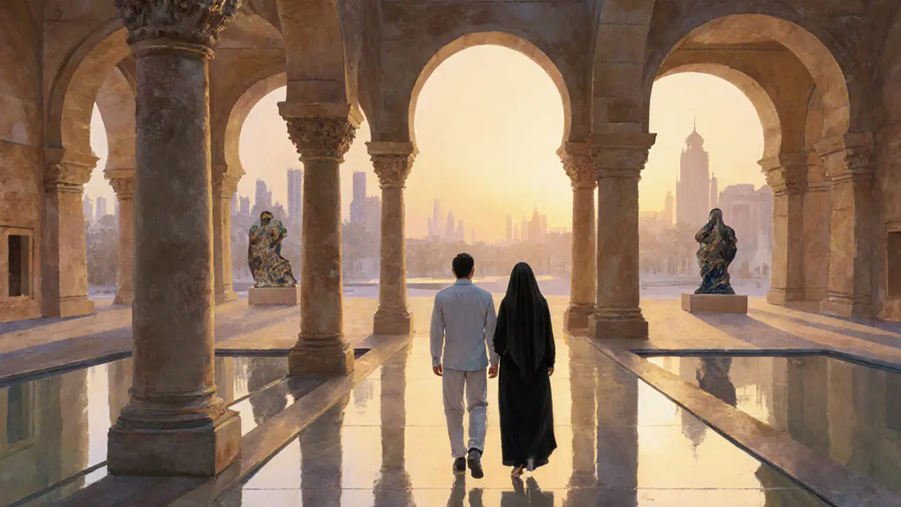 Two individuals walking calmly through the Louvre Abu Dhabi courtyard, appreciating art together.