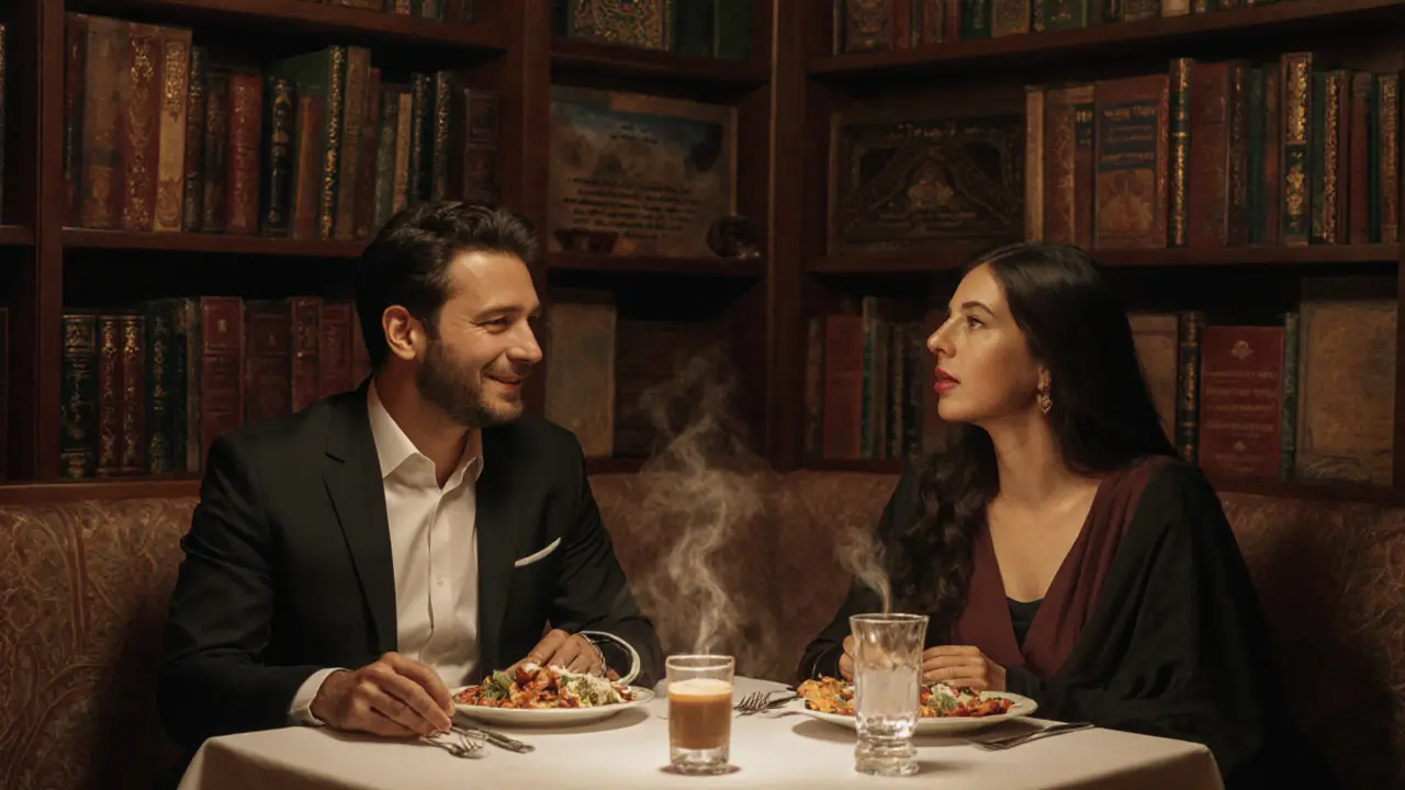 Two people sharing a traditional Emirati dinner in an elegant restaurant with cultural decor.