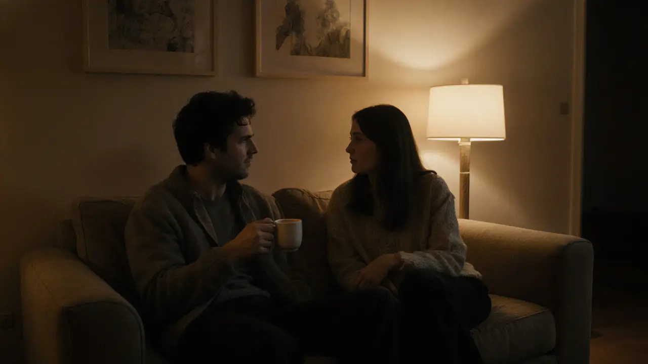 Two people sit together on a sofa, talking quietly with calm eye contact and relaxed posture.