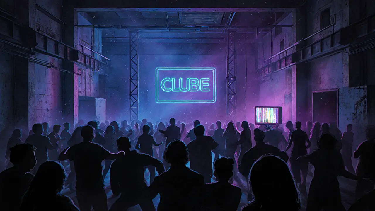 Underground warehouse club with neon lights and dancers, industrial concrete walls, bass vibrations in the air.