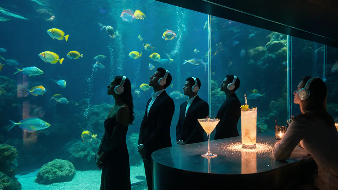 Underwater bar with guests in elegant clothes, fish swimming past glass walls, glowing cocktails.