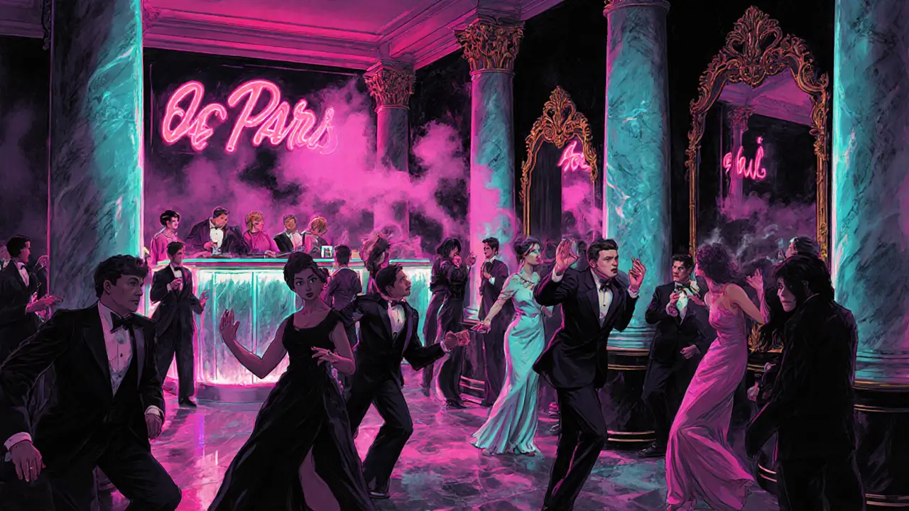 Vibrant nightclub scene at Café de Paris with stylish crowd dancing under neon lights and mirrored walls.