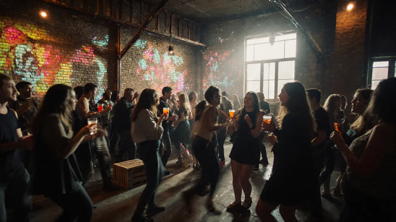 Warehouse party at Fabbrica del Vapore with projections and dancers under industrial lights.