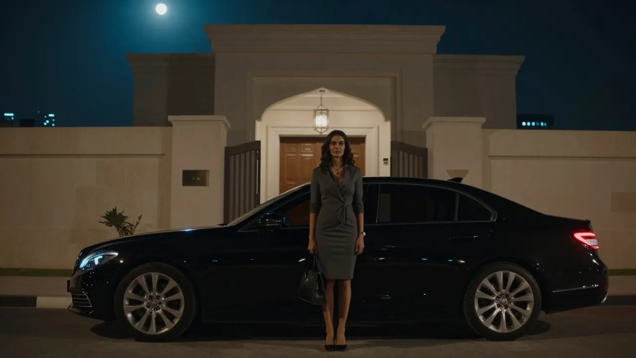 A black sedan parked outside a luxury Dubai villa at night, conveying discretion and privacy.