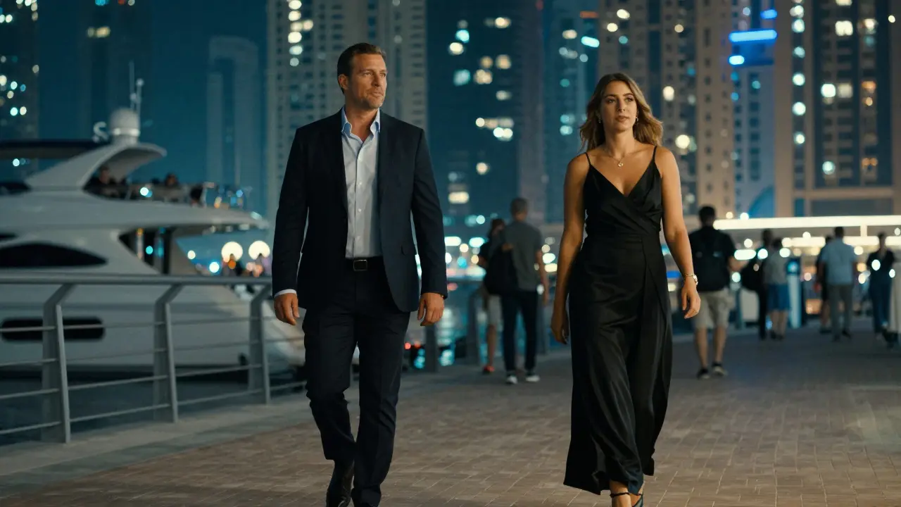A businessman and his companion walk peacefully along Dubai Marina at night, surrounded by illuminated skyscrapers.