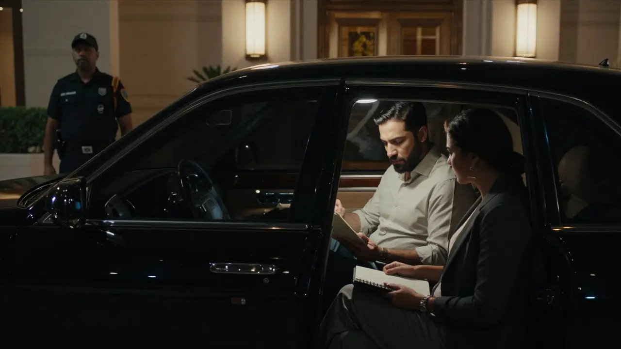 A client and companion sit quietly in a private car outside a luxury Dubai hotel, conveying discretion and professionalism.