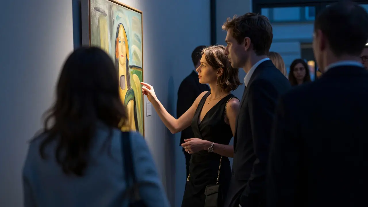 A companion and client viewing art at a private Berlin gallery, softly lit by a spotlight.