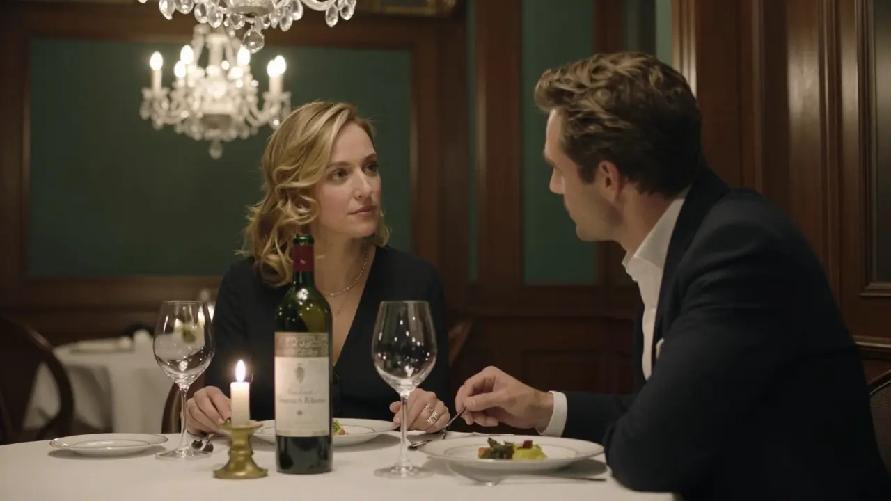 A couple dines quietly in a high-end restaurant, candlelight reflecting off fine wine and porcelain.