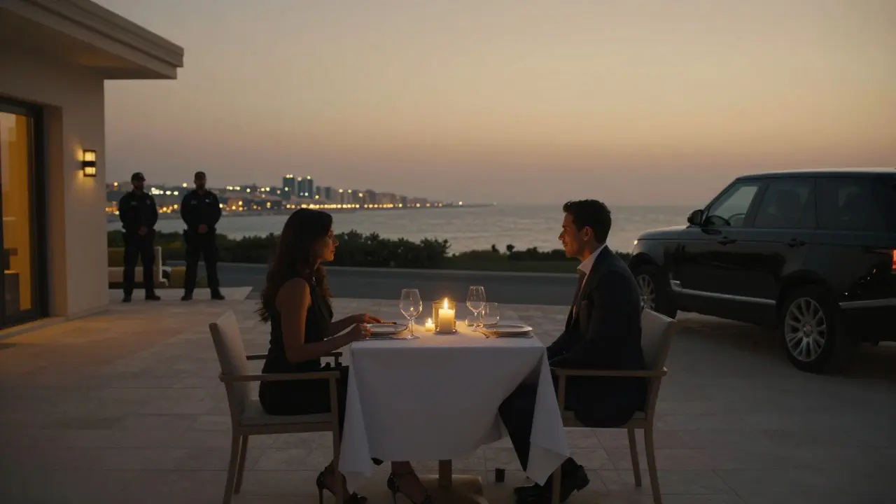 A couple dines quietly on a private villa terrace at dusk, overlooking the Gulf with security nearby and no faces visible.