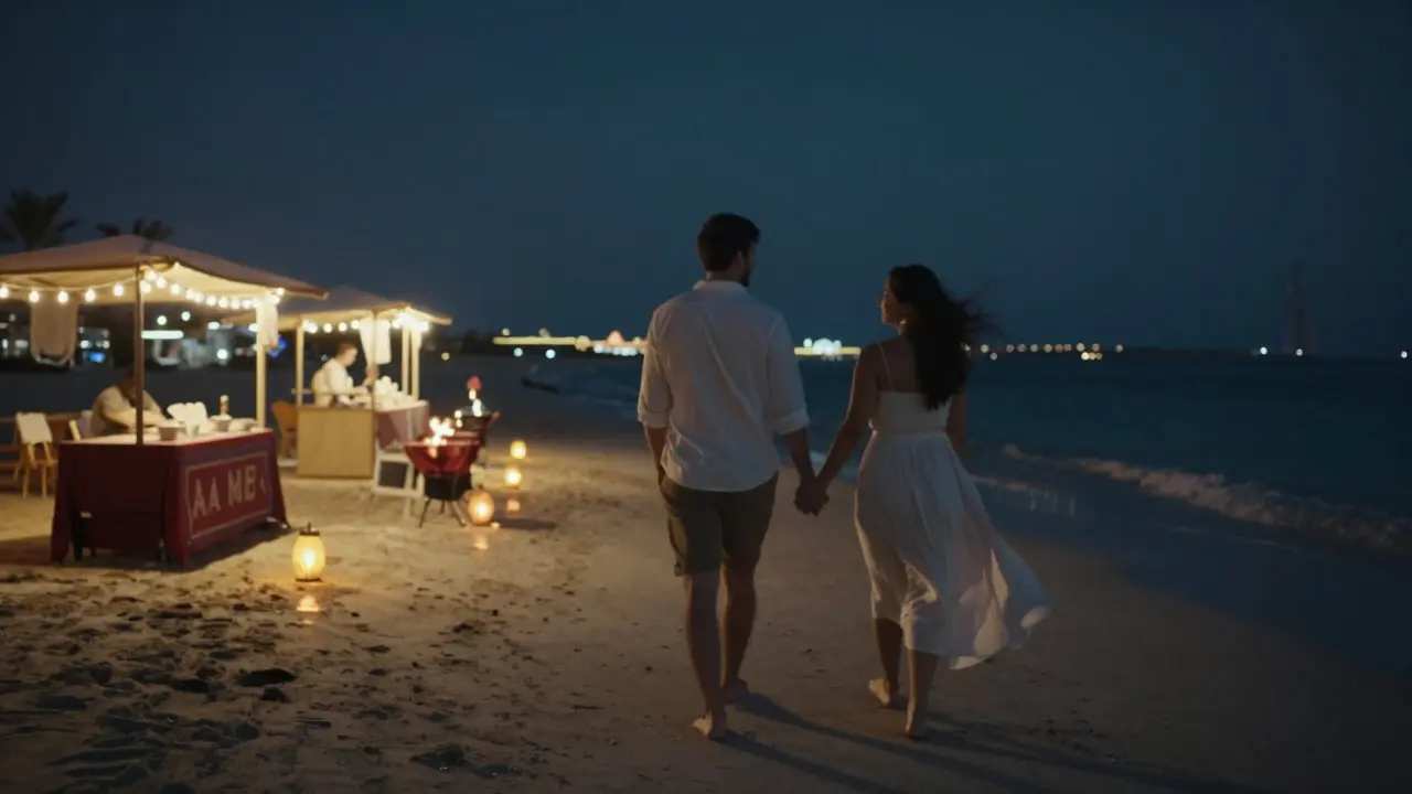 A couple walking barefoot on a lit beach promenade at night, surrounded by string lights and ocean views.