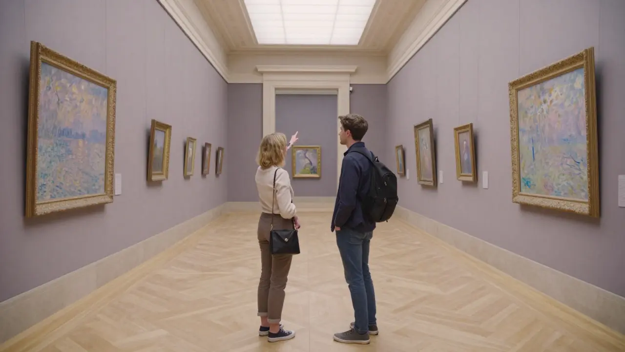 A cultural companion guides a visitor through the quiet Louvre, pointing to a Monet painting in soft daylight.