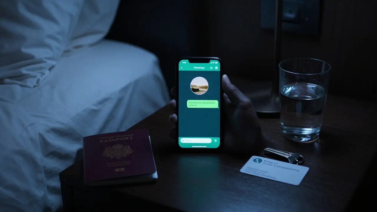 A dark hotel room with a glowing encrypted phone and a business card on the nightstand.