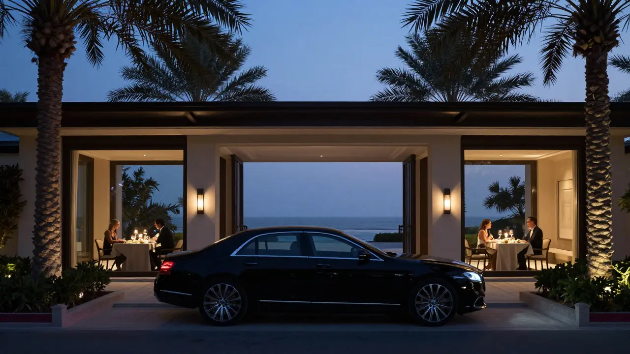A discreet elite escort meeting at a private Palm Jumeirah villa, with a luxury car at the entrance and candlelit dinner inside.
