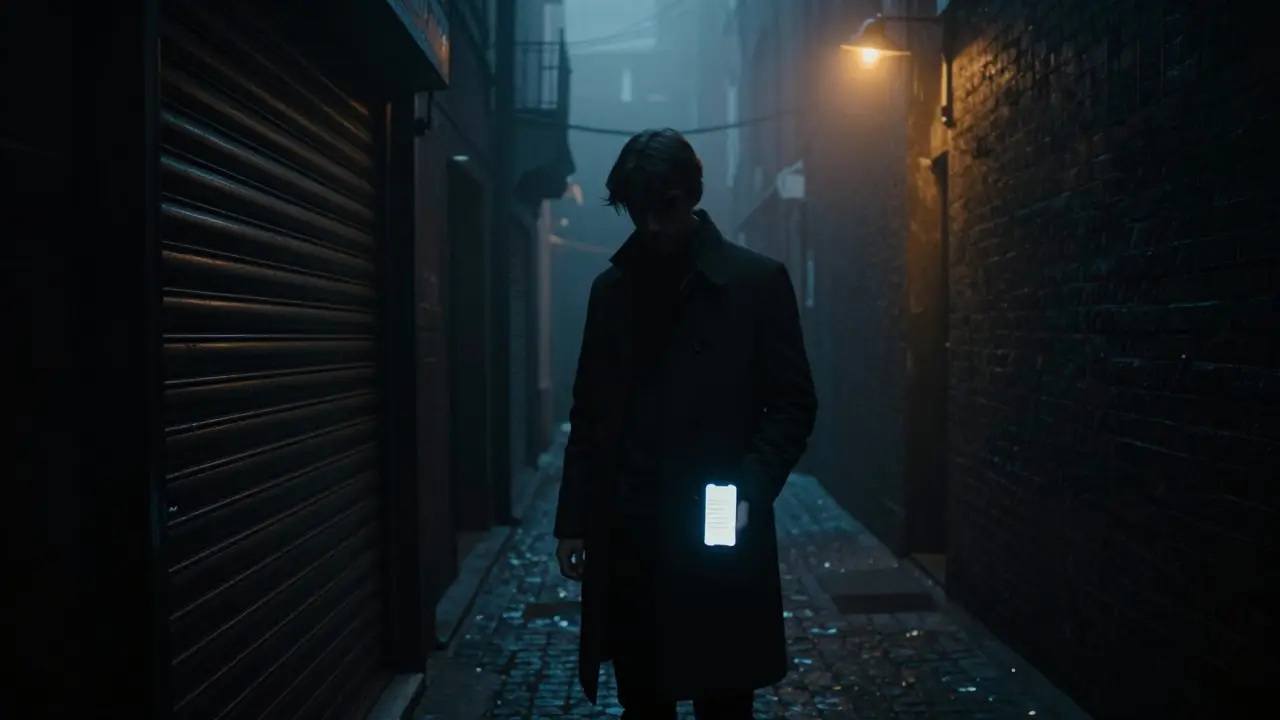 A discreet figure vanishes into a foggy alley behind a private club, only shadows and a glowing phone visible.