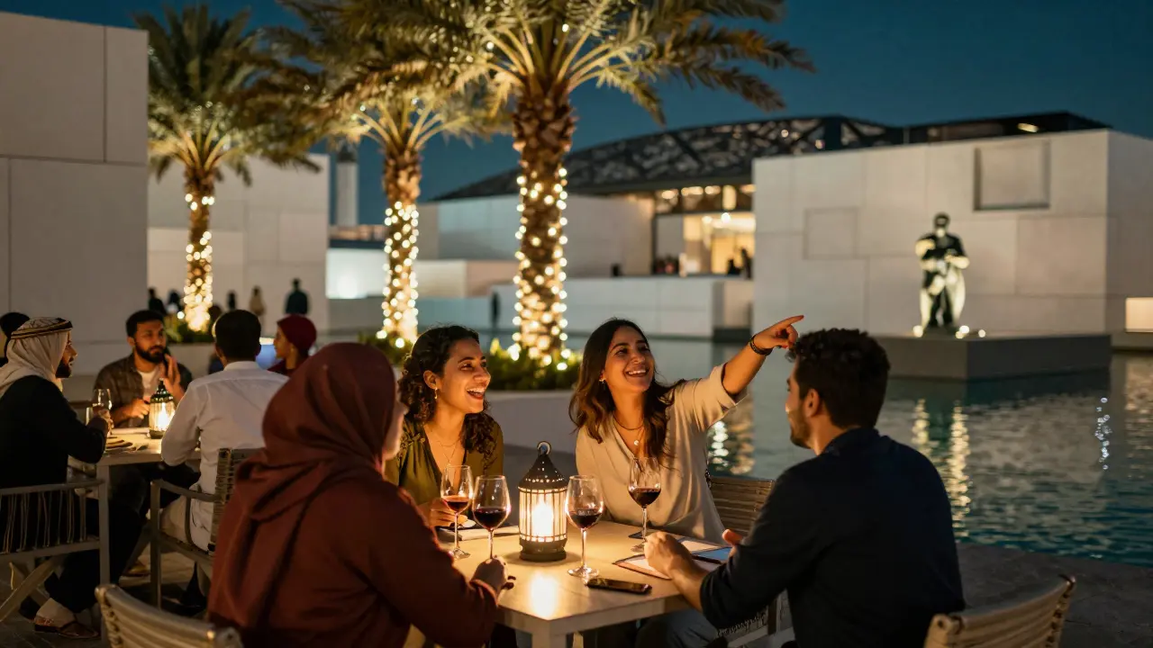 A diverse group enjoying wine and conversation under fairy lights at Louvre Abu Dhabi's evening plaza.