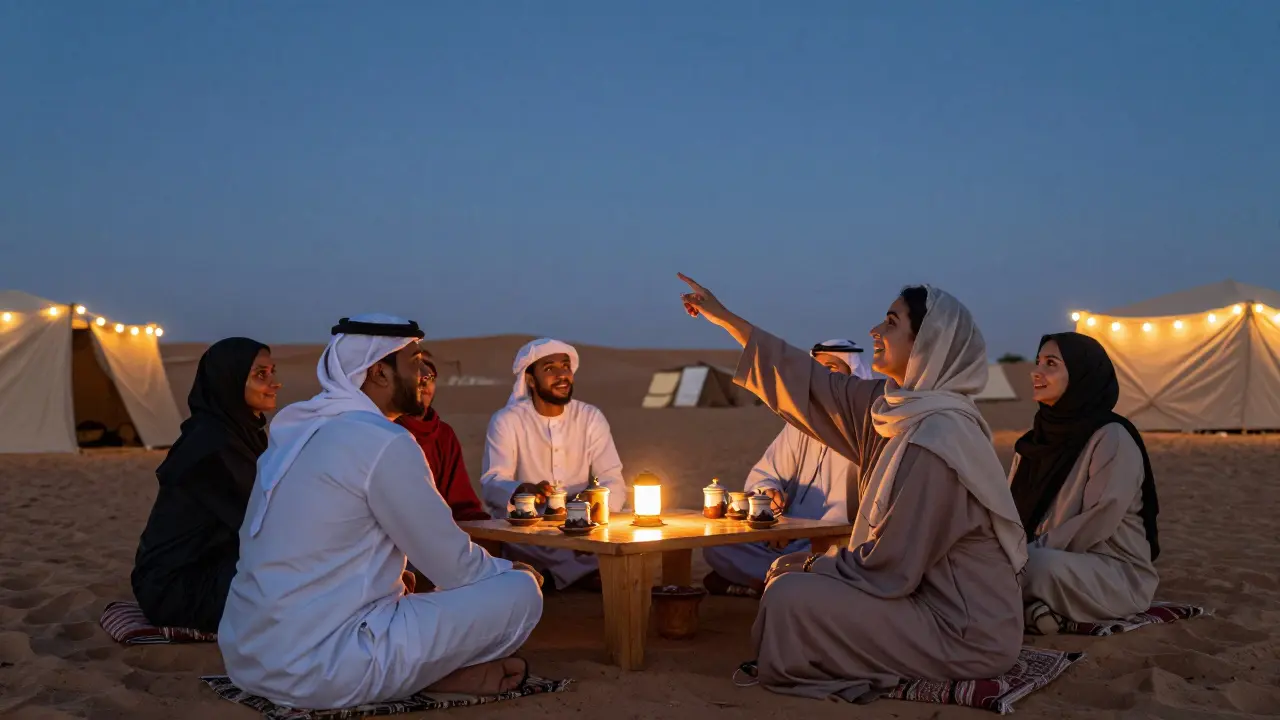A group of travelers sharing tea under string lights in a desert camp at twilight.