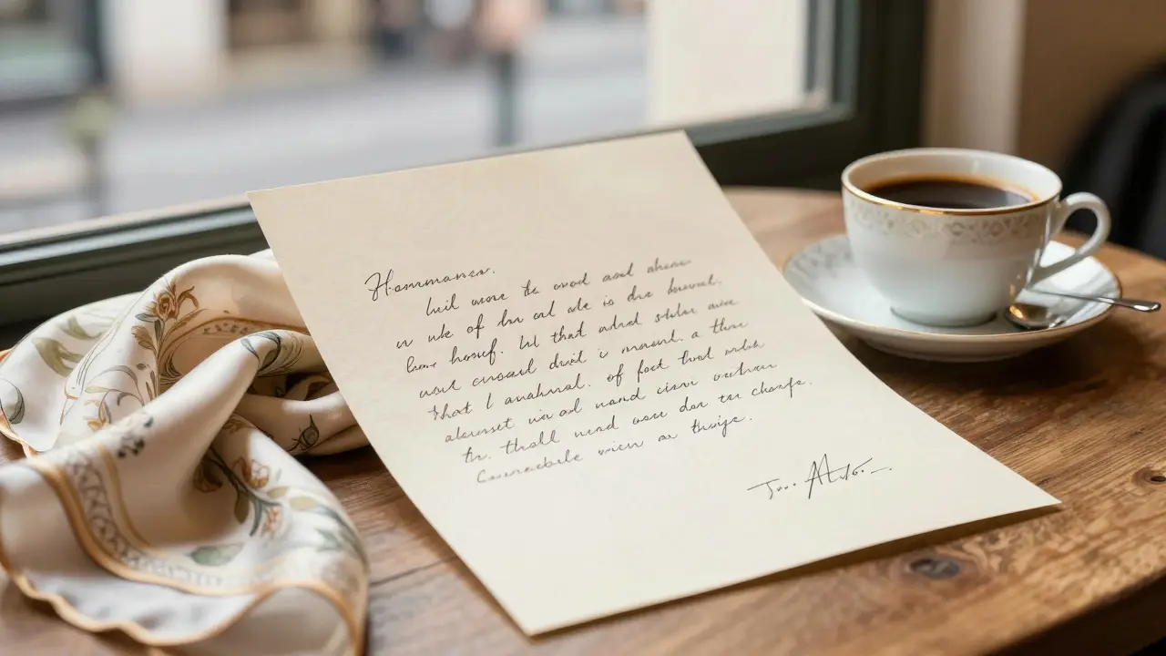 A handwritten letter and silk scarf beside a cup of black coffee in a cozy café setting.