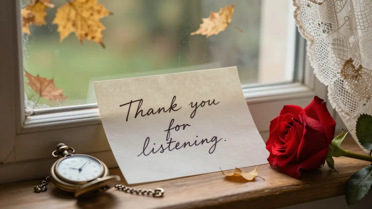A handwritten thank-you note rests beside a vintage watch and rose on a windowsill.
