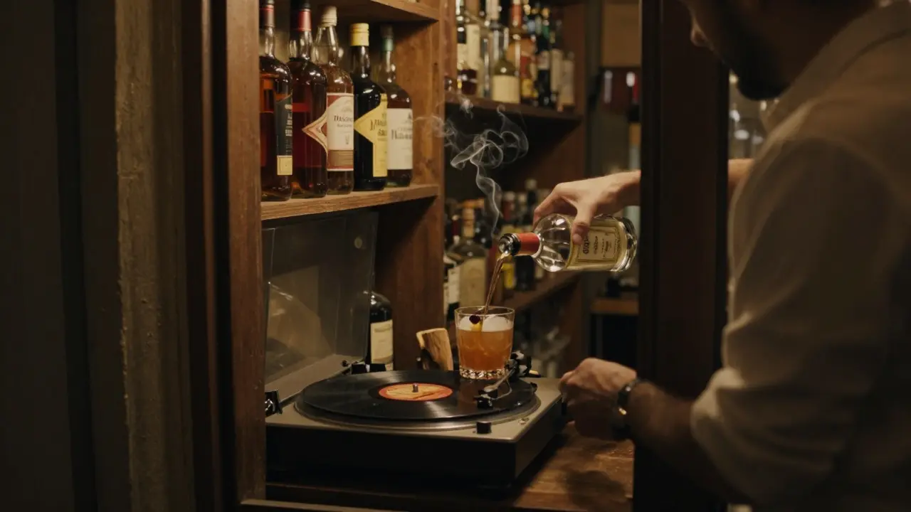 A hidden bar behind a grocery fridge with warm light, vinyl records, and aged whiskey bottles in dim ambiance.