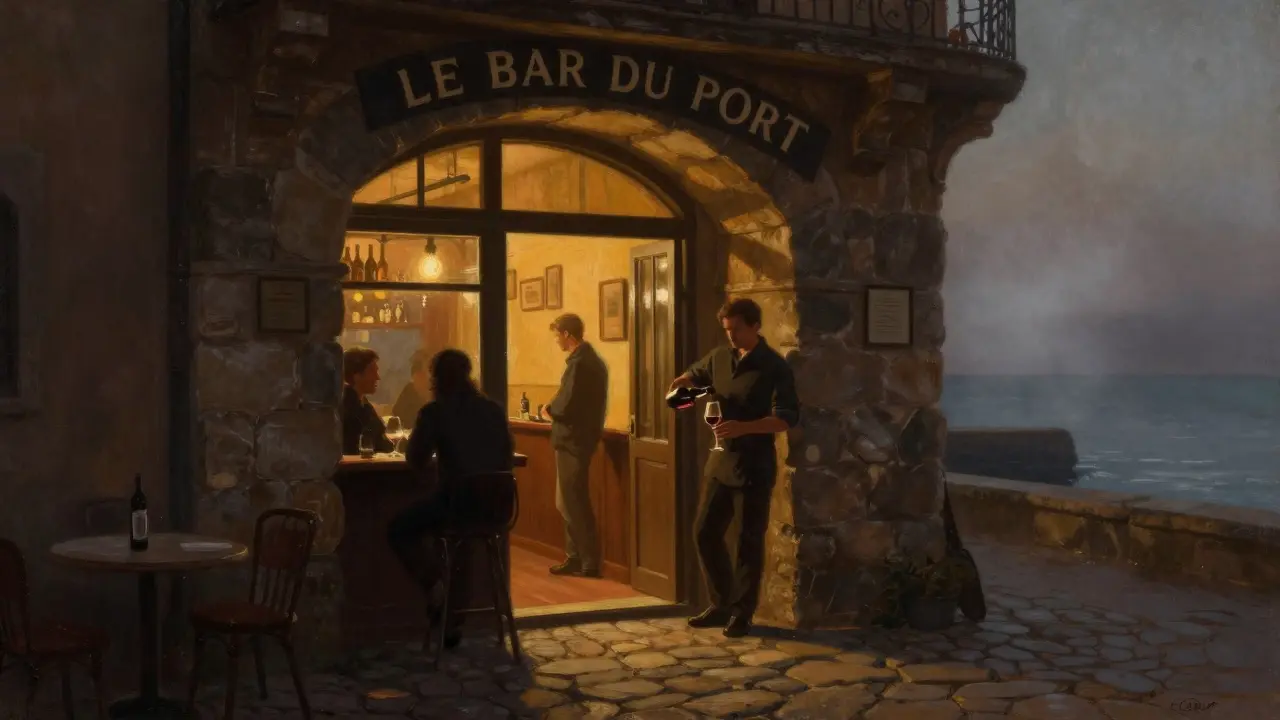 A hidden waterfront bar with dim light spilling onto cobblestones, locals silhouetted near the doorway.