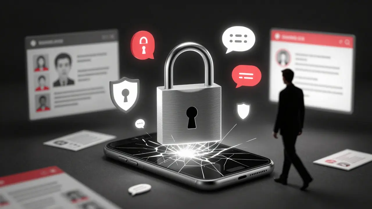 A locked padlock hovers over a cracked phone screen, symbolizing secure communication and avoiding scams.