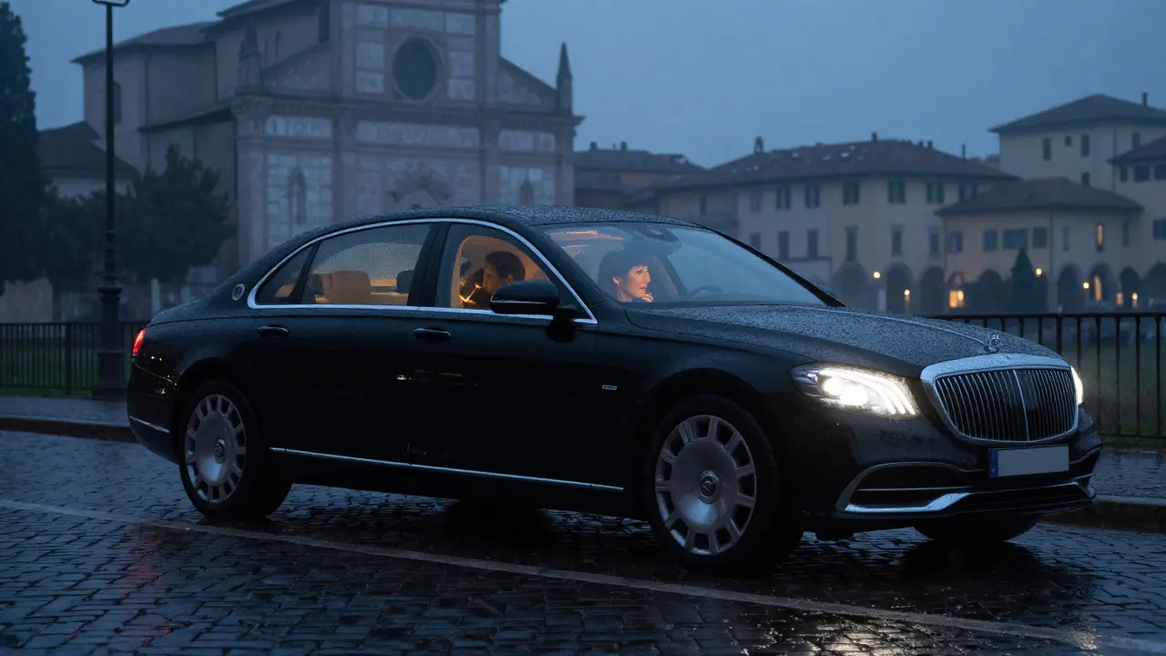 A luxury sedan driving through Brera at twilight, occupants engaged in quiet talk.