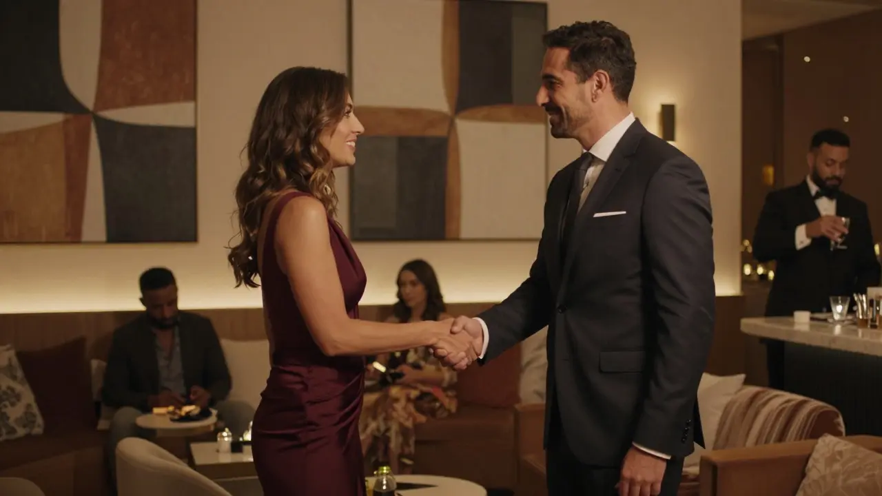 A man and woman shaking hands in a members-only Dubai club, exuding refined companionship.