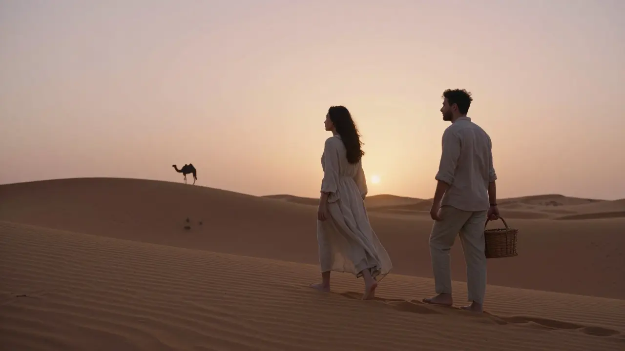 A man and woman walking peacefully through desert dunes at sunset, carrying a picnic basket, no romantic gestures.