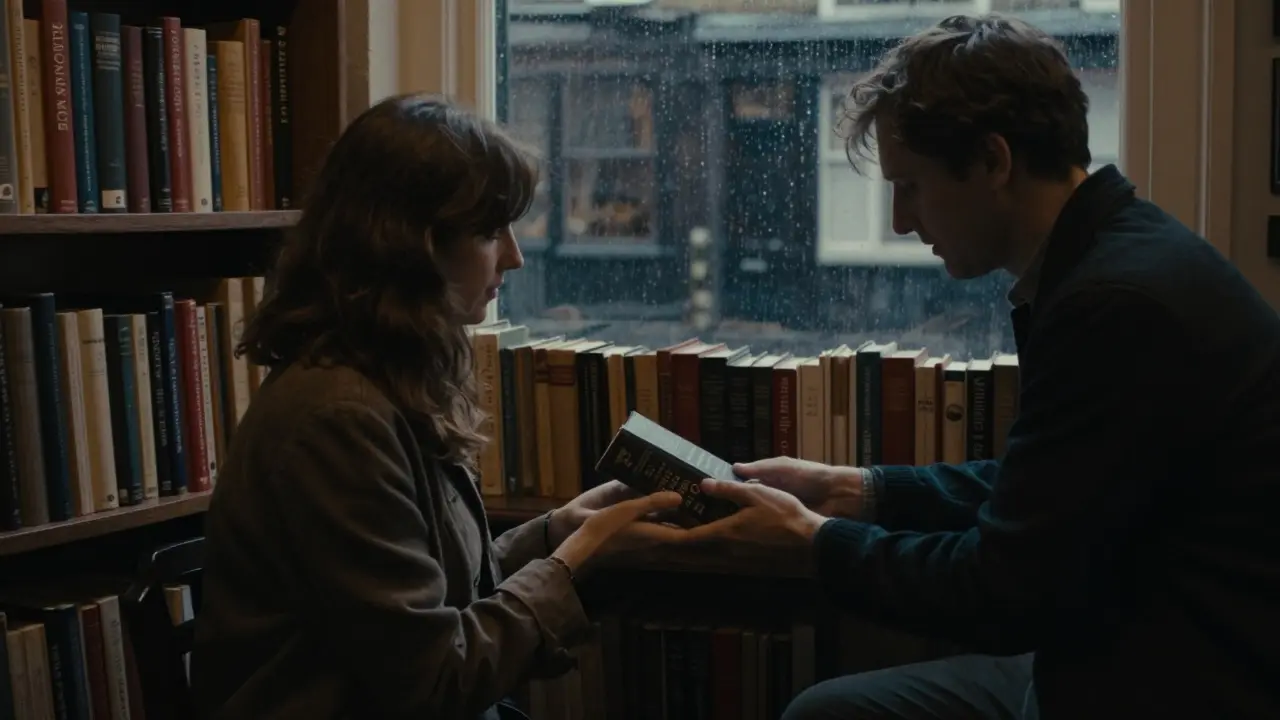 A man giving a book to a woman in a cozy London bookshop under warm lamplight.